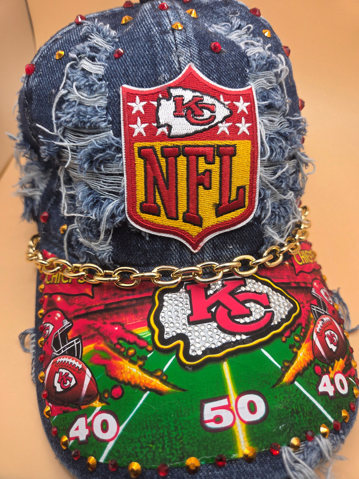KC Chiefs NFL Rhinestone Distressed Denim Cap