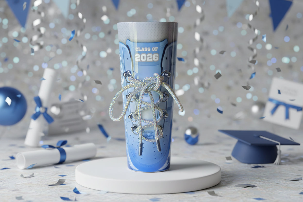 Custom Sneaker-Inspired Graduation Tumbler – Rhinestone Lace Cup | Personalized Senior Gift