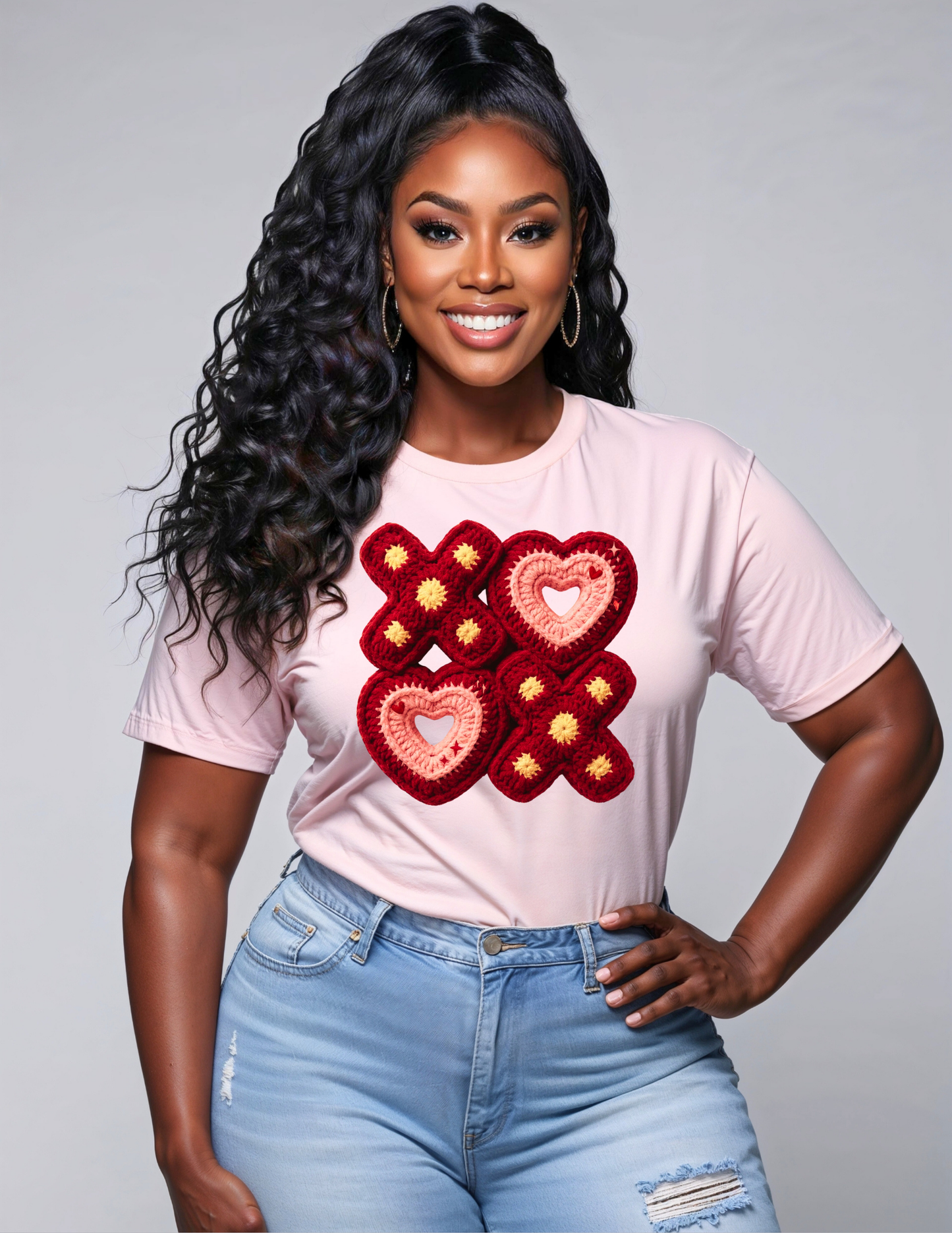 The "Sweetheart XOXO" Crochet-Print Graphic Tee – Petal Pink