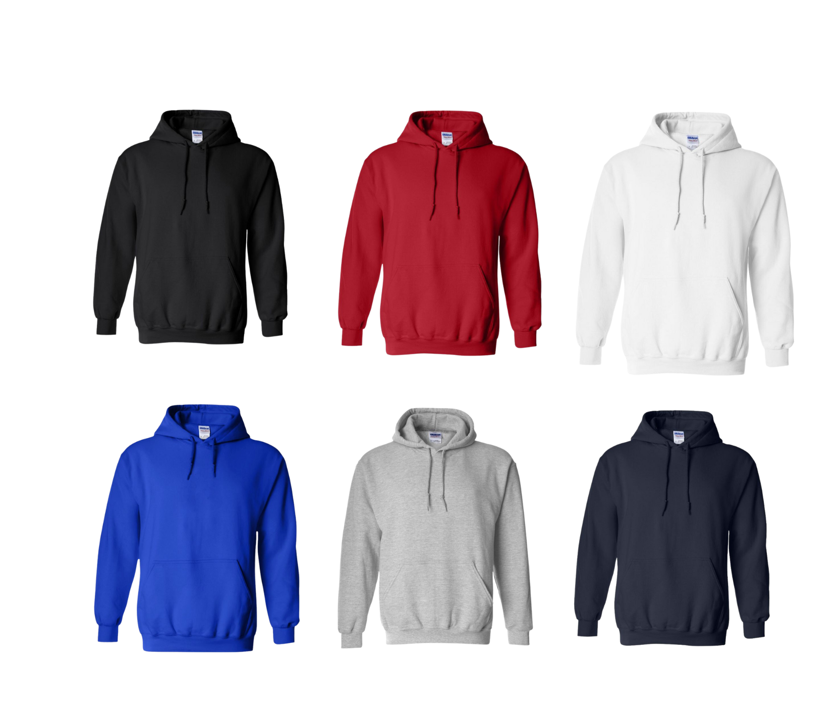 Collection of six hoodies in black, red, white, blue, gray, and navy on a white background.