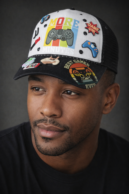 Adjustable “More Minutes” Gamer Trucker Hat — Black/White