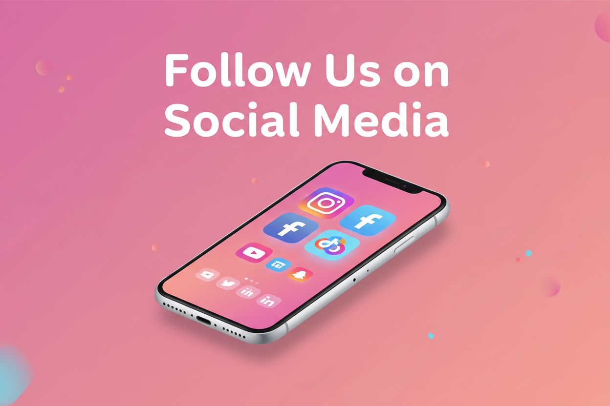 follow us on social media with a pink background and a cell phone with social media image on it.
