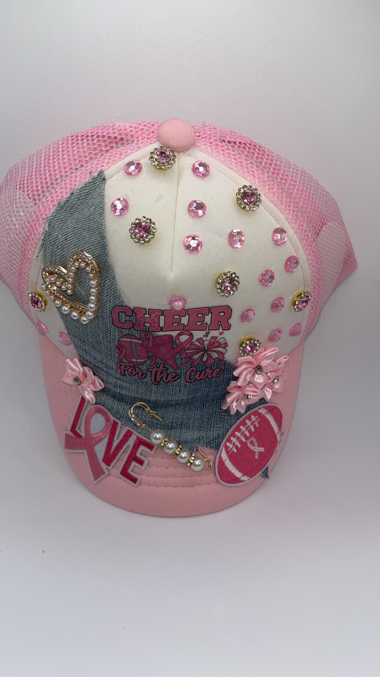 Custom Breast Cancer Awareness "Cheer for the Cure" Embellished Trucker Hat