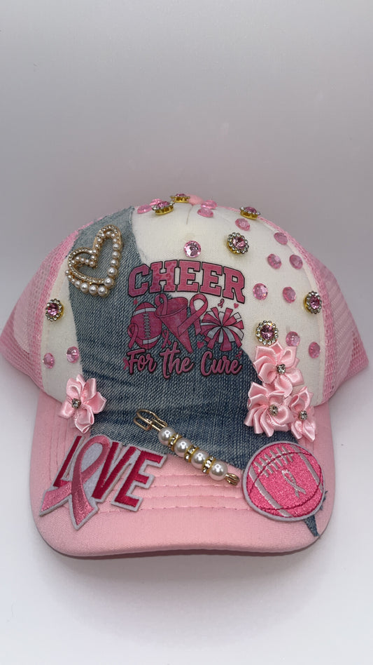 Custom Breast Cancer Awareness "Cheer for the Cure" Embellished Trucker Hat