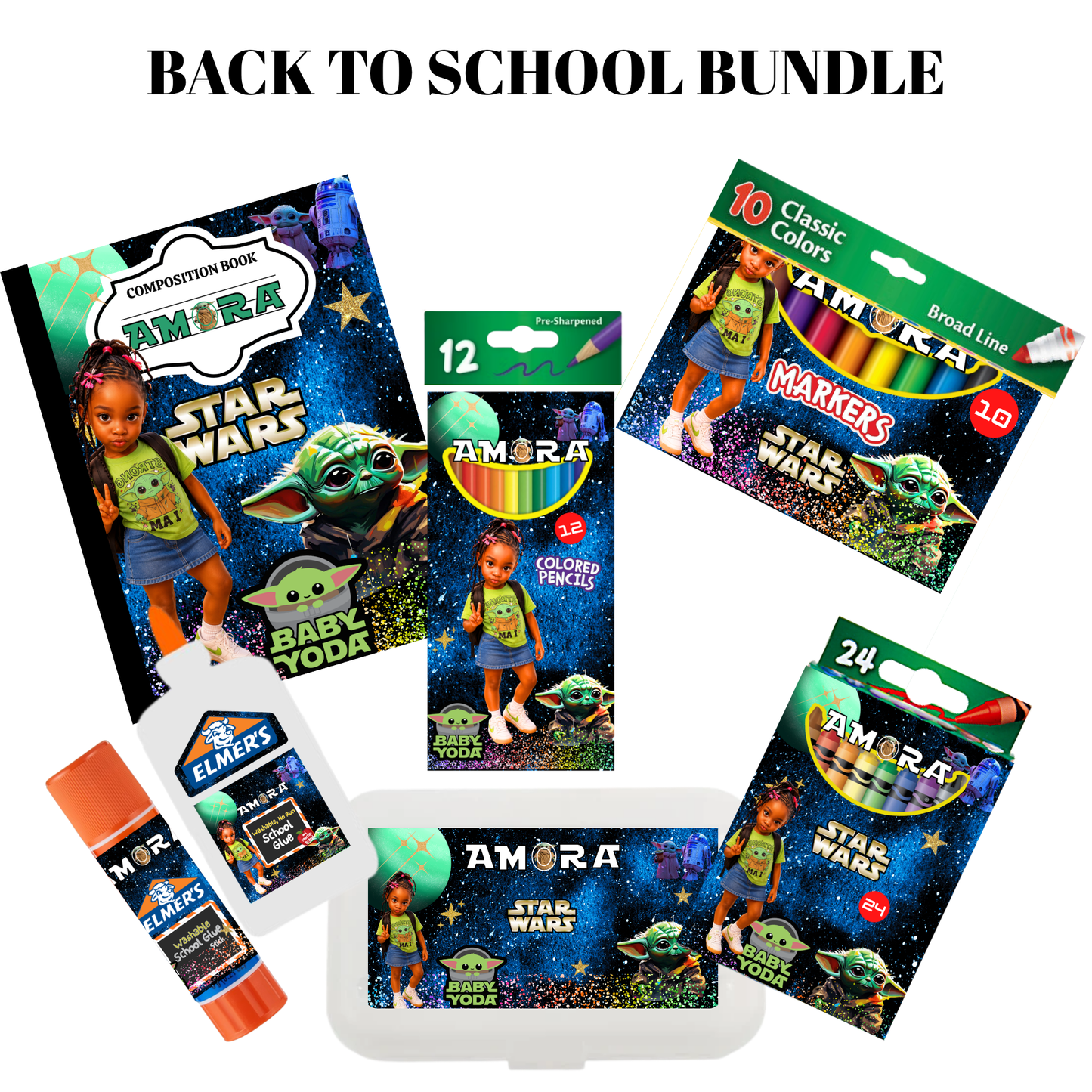 Personalized Star War Baby Yoda Back-to-School Supply Bundle | Custom Composition Notebook, Crayon Box, Marker Box, Pencil Box & Glue (Copy)