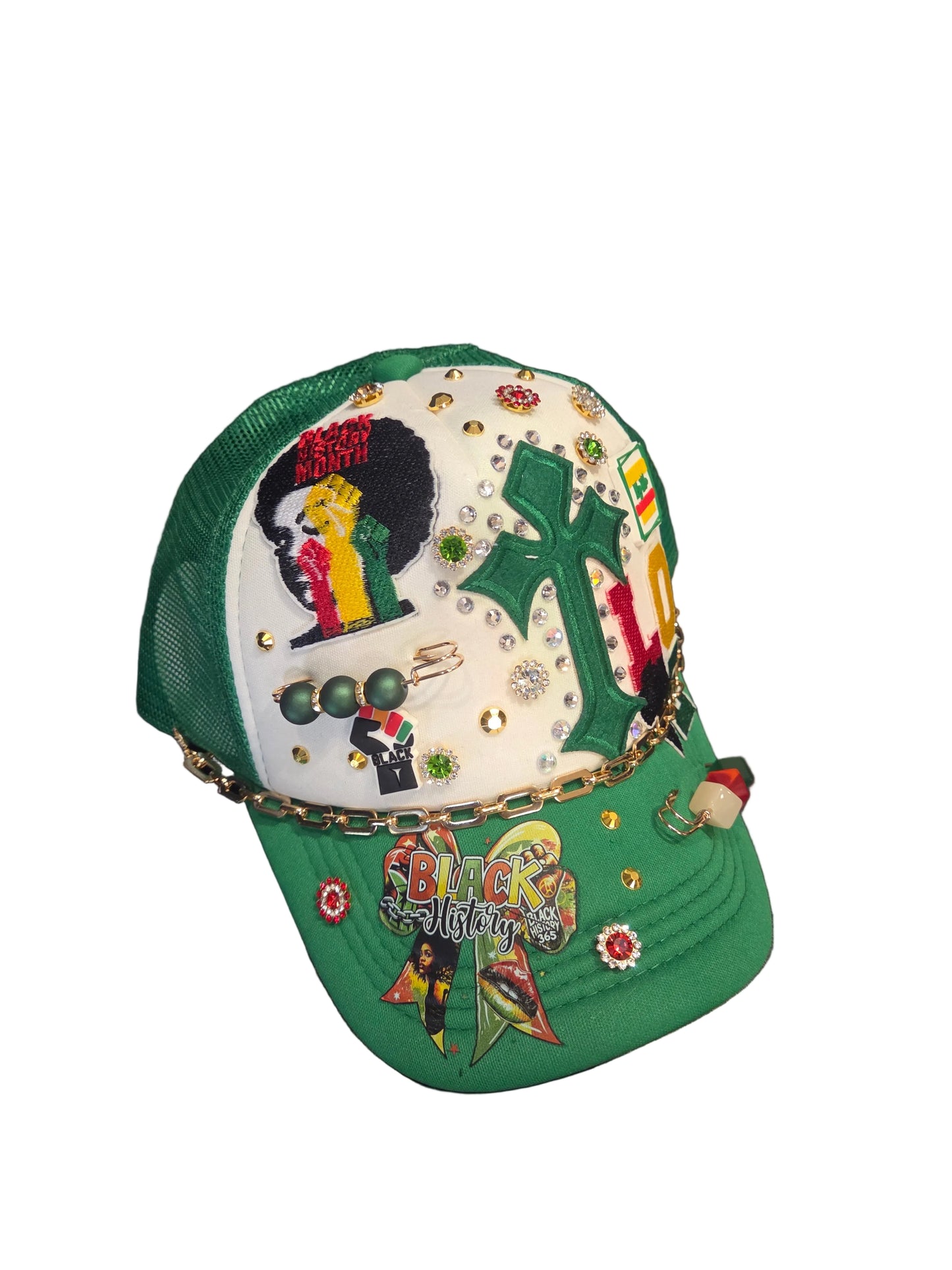 Bling Cross Culture Green Trucker Hat – Black History Statement Snapback