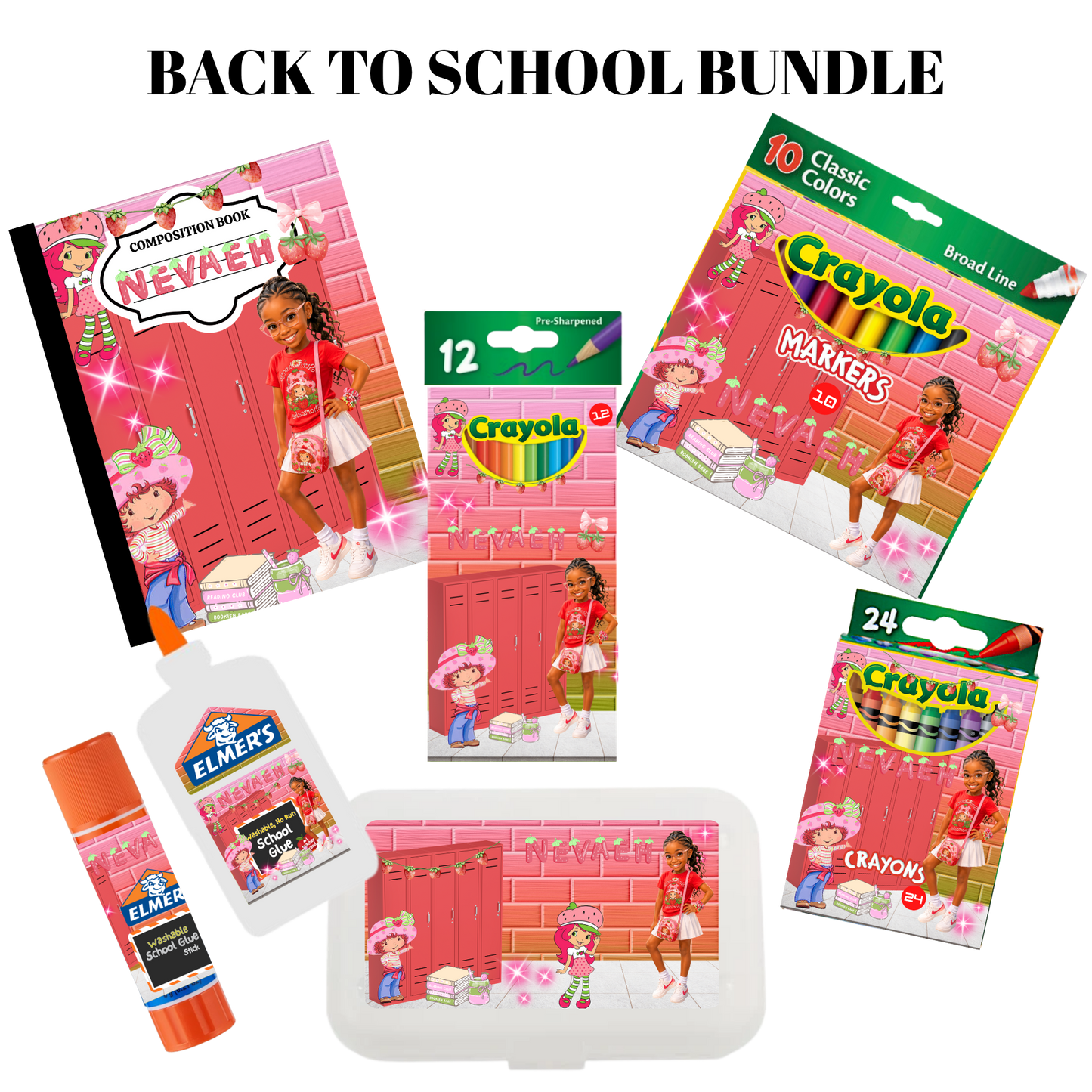 Personalized Strawberry Shortcake Back-to-School Supply Bundle | Custom Composition Notebook, Crayon Box, Marker Box, Pencil Box & Glue