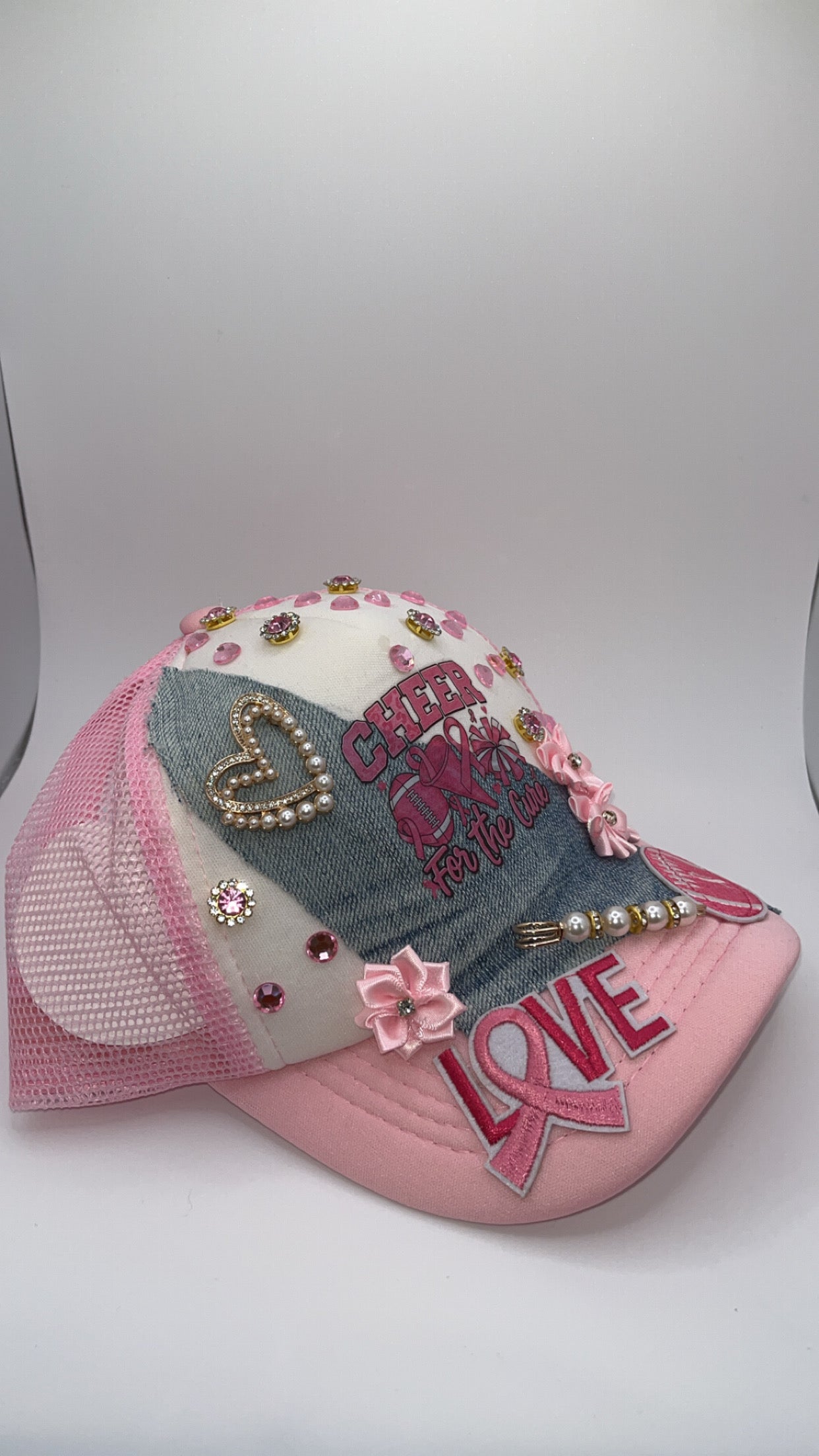 Custom Breast Cancer Awareness "Cheer for the Cure" Embellished Trucker Hat