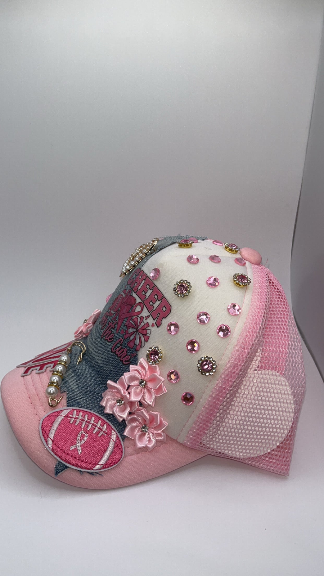 Custom Breast Cancer Awareness "Cheer for the Cure" Embellished Trucker Hat