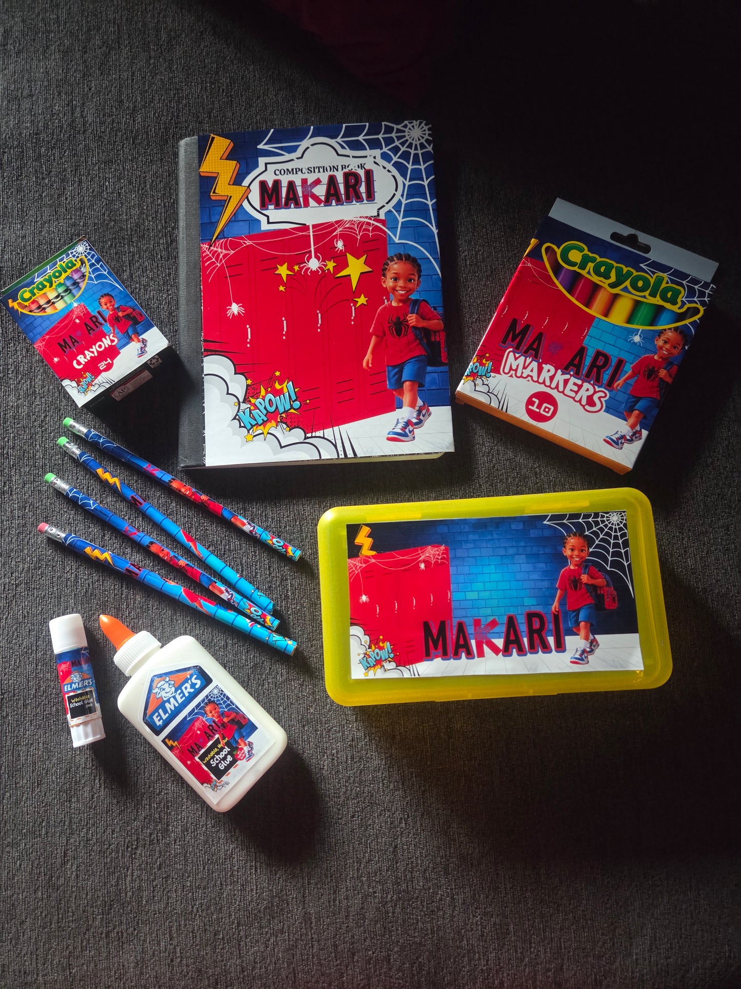 Personalized Spider Man Back-to-School Supply Bundle | Custom Composition Notebook, Crayon Box, Marker Box, Pencil Box & Glue (Copy 2)