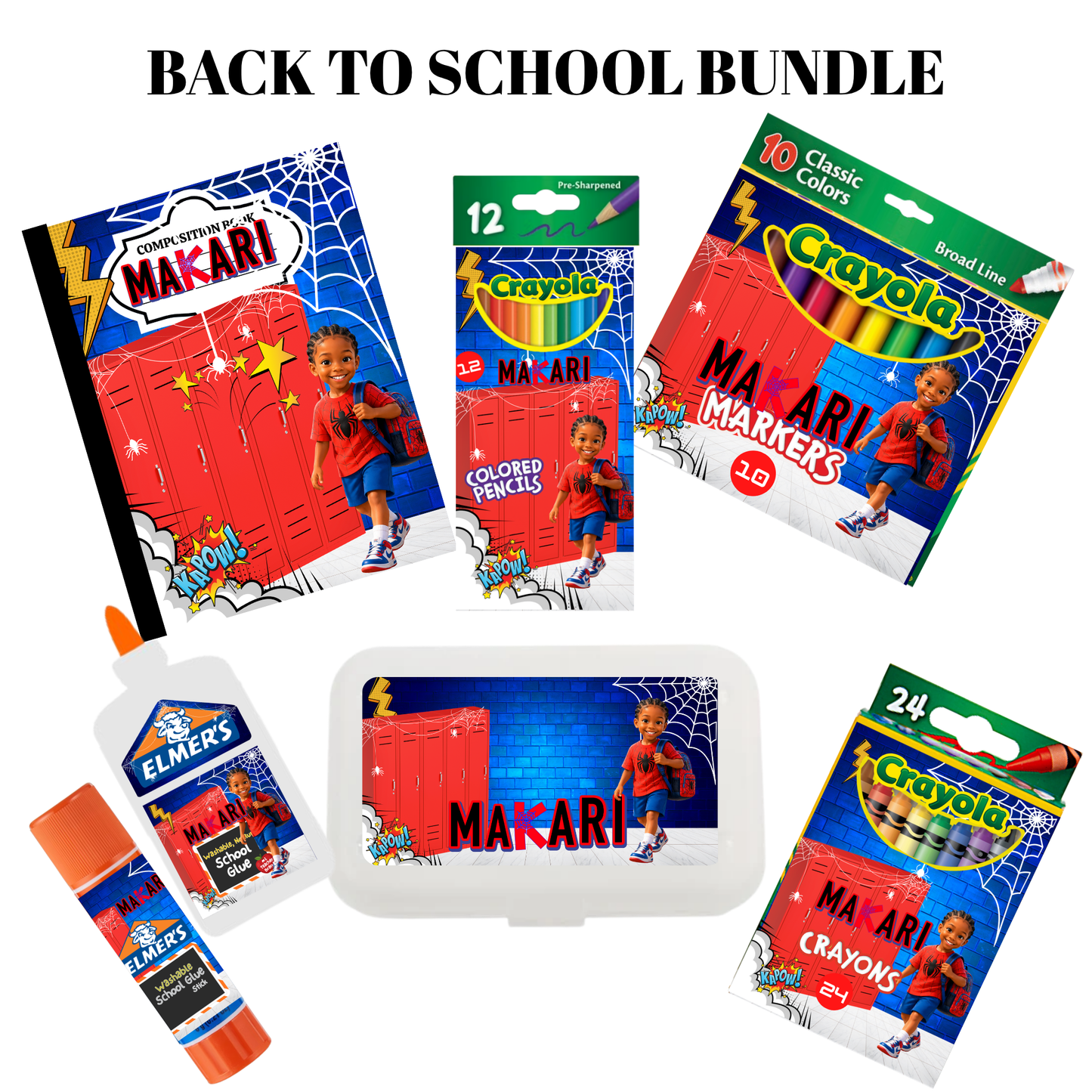 Personalized Spider Man Back-to-School Supply Bundle | Custom Composition Notebook, Crayon Box, Marker Box, Pencil Box & Glue (Copy 2)