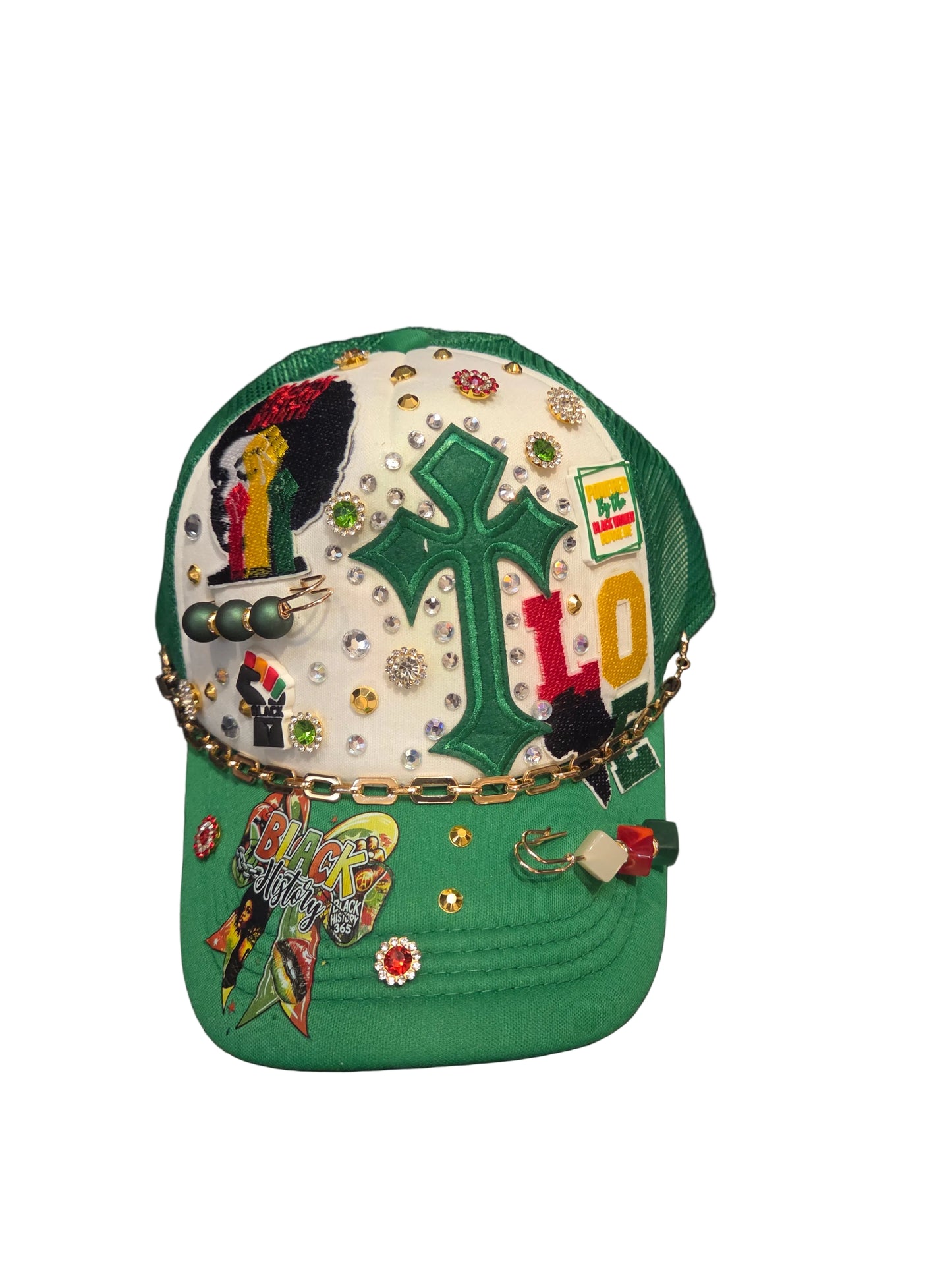Bling Cross Culture Green Trucker Hat – Black History Statement Snapback