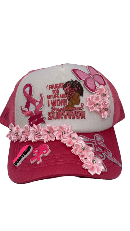 Custom "Breast Cancer Survivor" Pink Floral Trucker Hat